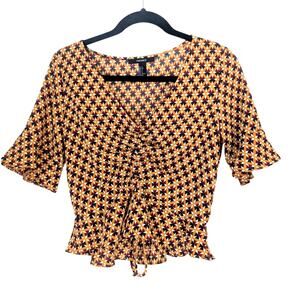 Forever 21 Geo Print Ruched Peplum Top S Brown‎ Orange Boho Retro Pattern